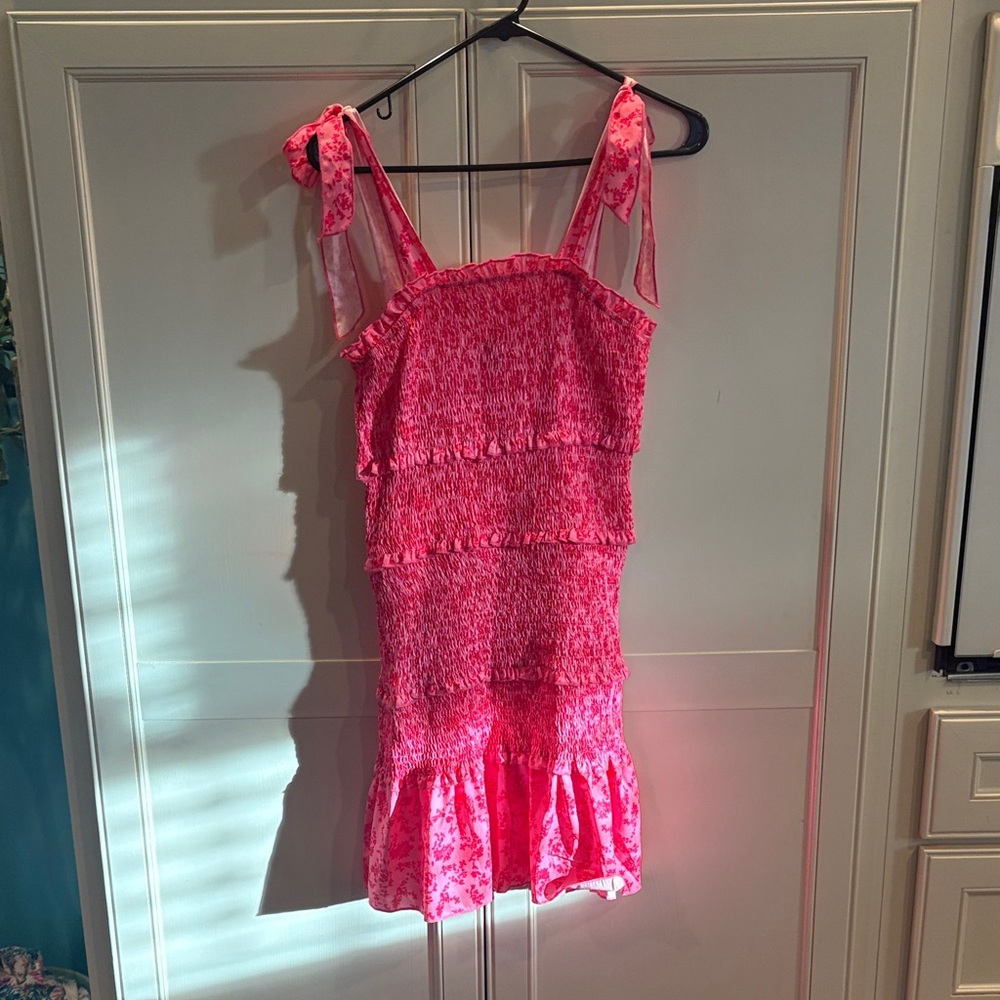 Pink Bow Tie Strap Dress with Ruffle Details